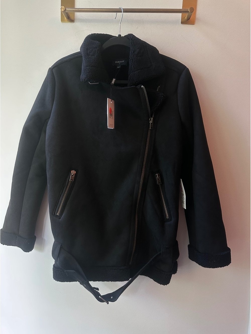 Bardot Black Faux Shearling Moto Jacket, 20” Pit to Pit Size 2 |